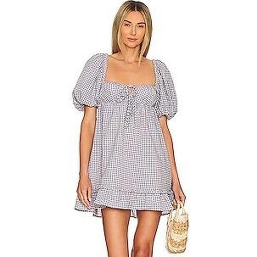 Majorelle Revolve Clementine blue & white gingham puff sleeve milkmaid minidress